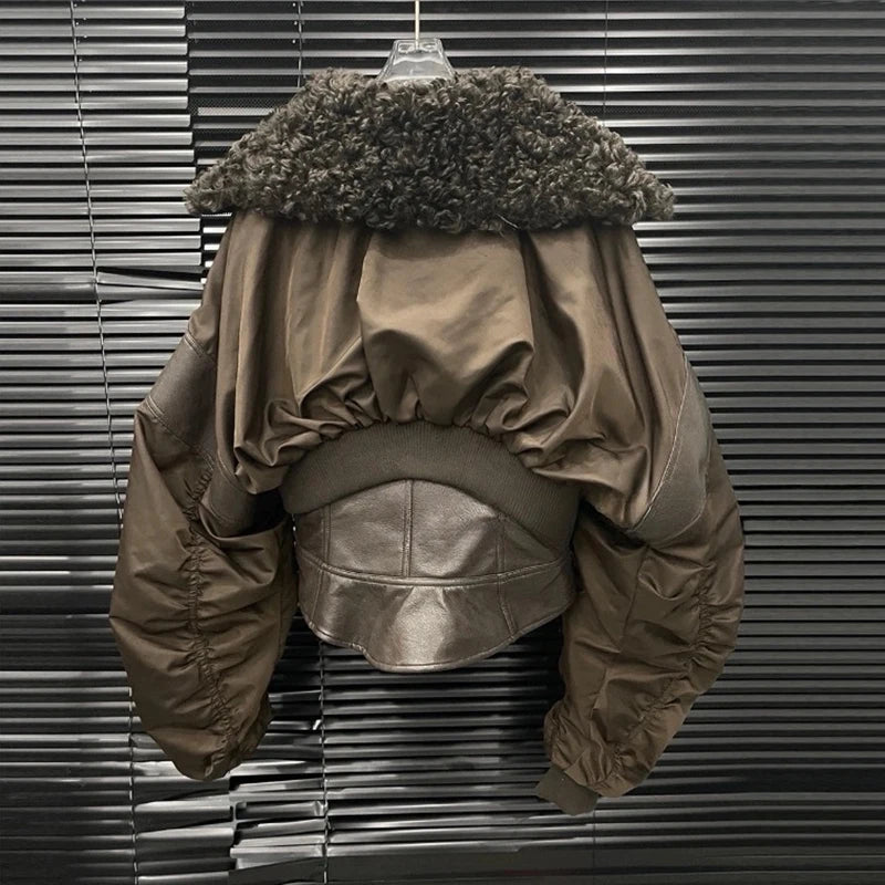 Autumn Winter New Patchwork Leather Waist-Cinching Cotton Jacket For Women Elegant Fur Collar Short Coat 11A07569