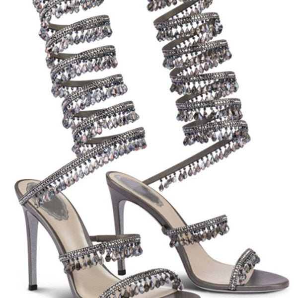 Women's New Rhinestone Sandals Fashion Tassel Crystal Shoes Sexy Nightclub Banquet Party Twining Stiletto Women's Sandals Dark gray long style