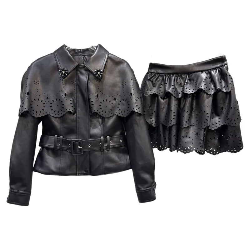 Winter New Fashion Women's Two-pieces Set For Women Hollow Out Shawl Quilted Leather Jacket Cake Skirt Female 11A07466