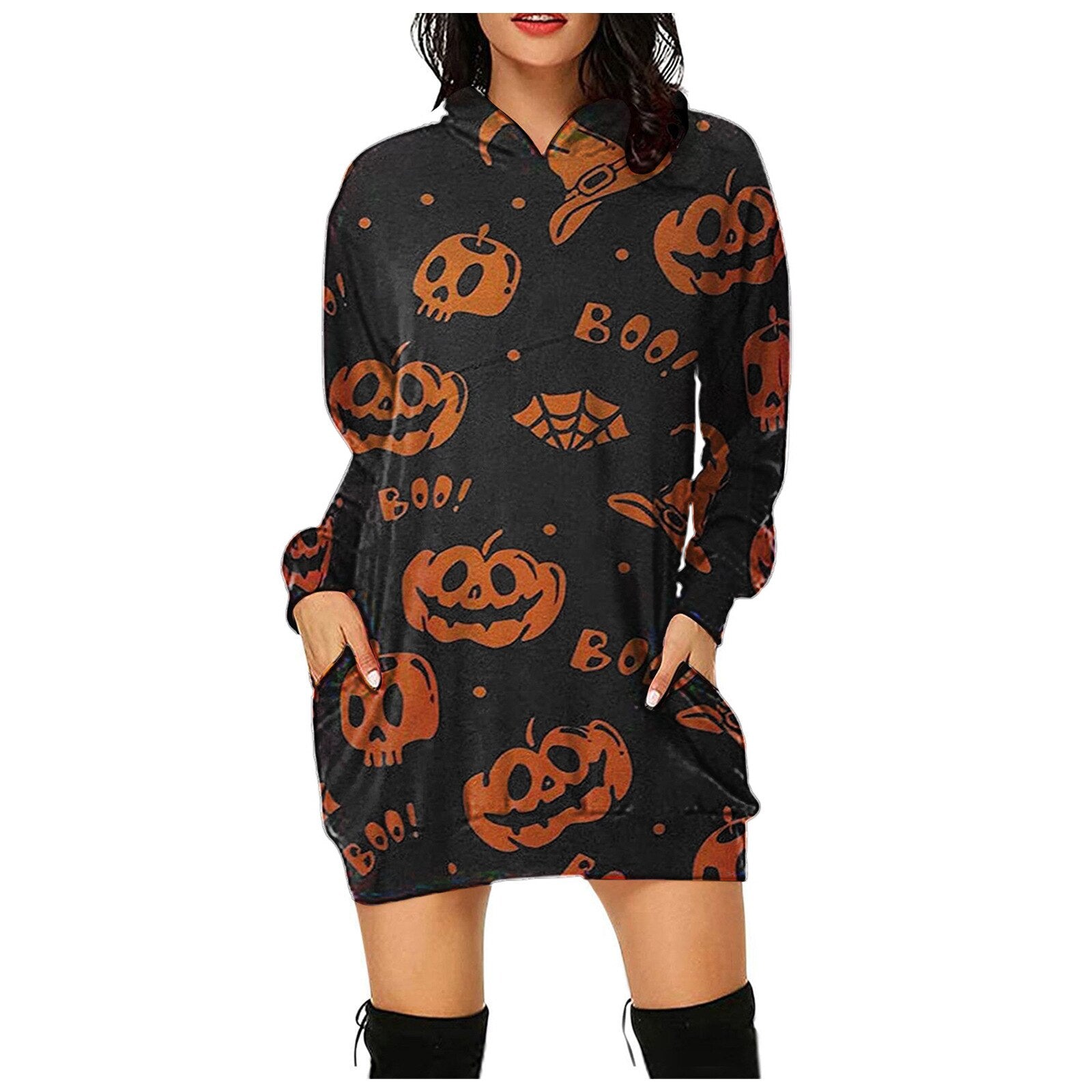 Women's Halloween Pumpkin Printed Sweater Hooded Long Sleeve Dress Sweatshirt Female Women Autumn Spring Casual Hoodies Clothes P07
