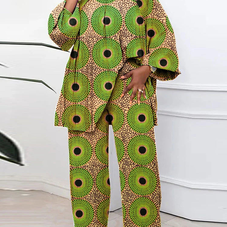 Plus Size VONDA Bohemian Style Printing Outfits Women Elegant Tops Sets O-neck Long Sleeve Casual Loose Two Piece Suits Holiday green