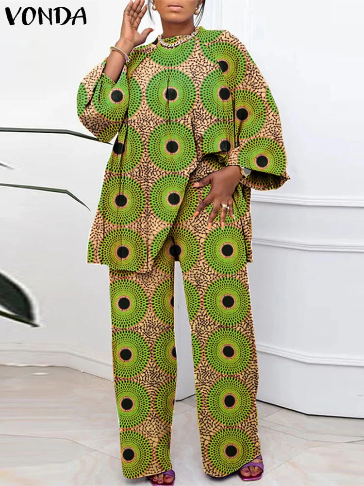 Plus Size VONDA Bohemian Style Printing Outfits Women Elegant Tops Sets O-neck Long Sleeve Casual Loose Two Piece Suits Holiday green