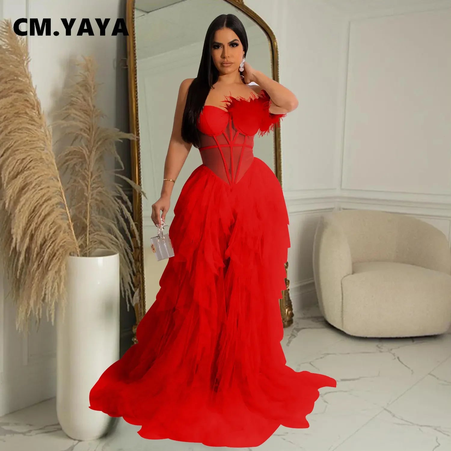 Women Tierred Mesh See Though Off Shoulder Sweetheart Collar Maxi Long Floor Length Dress Evening Sexy Party Dresses