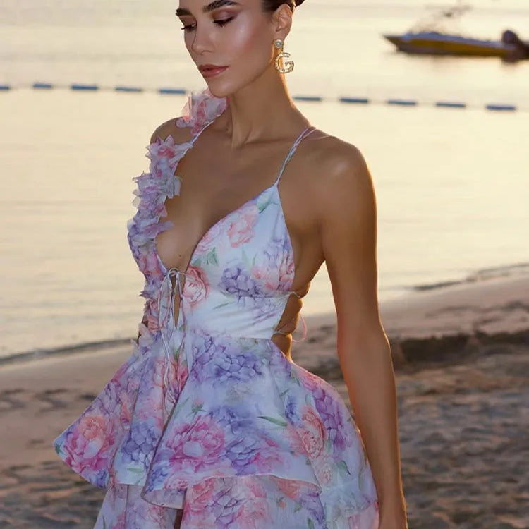 Elegant Flare Sleeve V Neck Printed Mini Dress Sweet Hollow Out Pleated A-line Puffy Gown New Women's Summer Evening Vestidos green