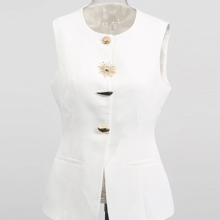 Solid Slimming Split Vests for Women Round Neck Sleeveless Patchwork Irregular Button Fashion Vest Female Clothing WHITE