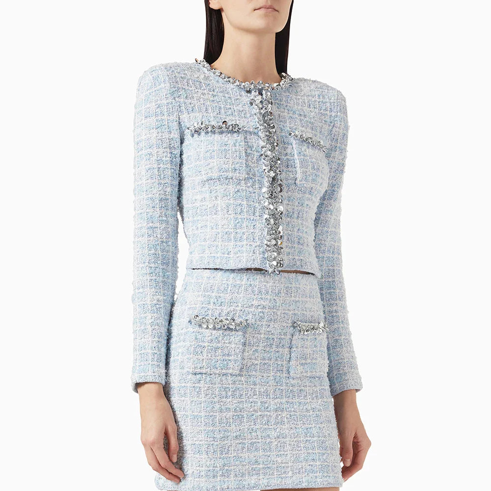 Two Piece Sets for Women Round Neck Long Sleeves Spliced Diamonds Top High Waist Patchwork Pockets Skirt Female New