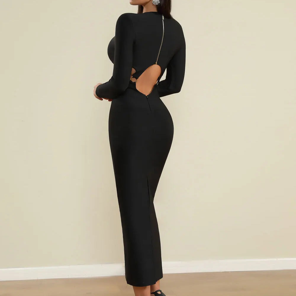 2025 Spring Women's Open Waist Design Black Bandage Dresses O-Neck Long Sleeve Bodycon Long Dress Evening Club Party Vestidos