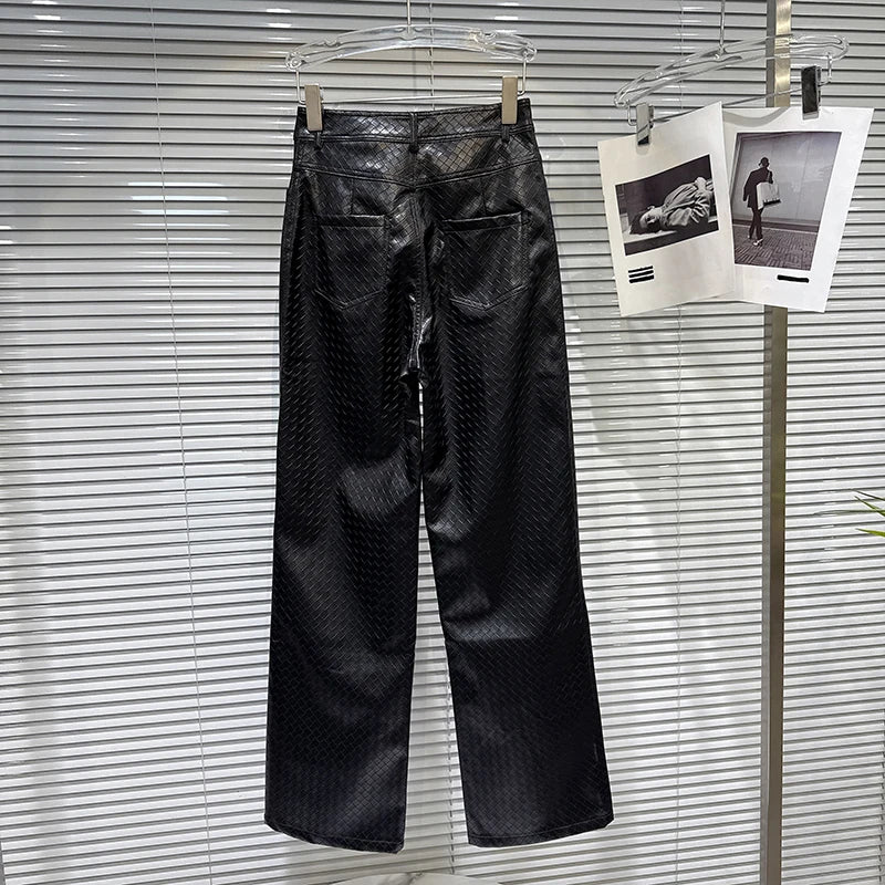 Winter New Fashion Plaid PU Leather Design Straight Pants For Women Black High Waist Streetwear Casual Pant 11A07828