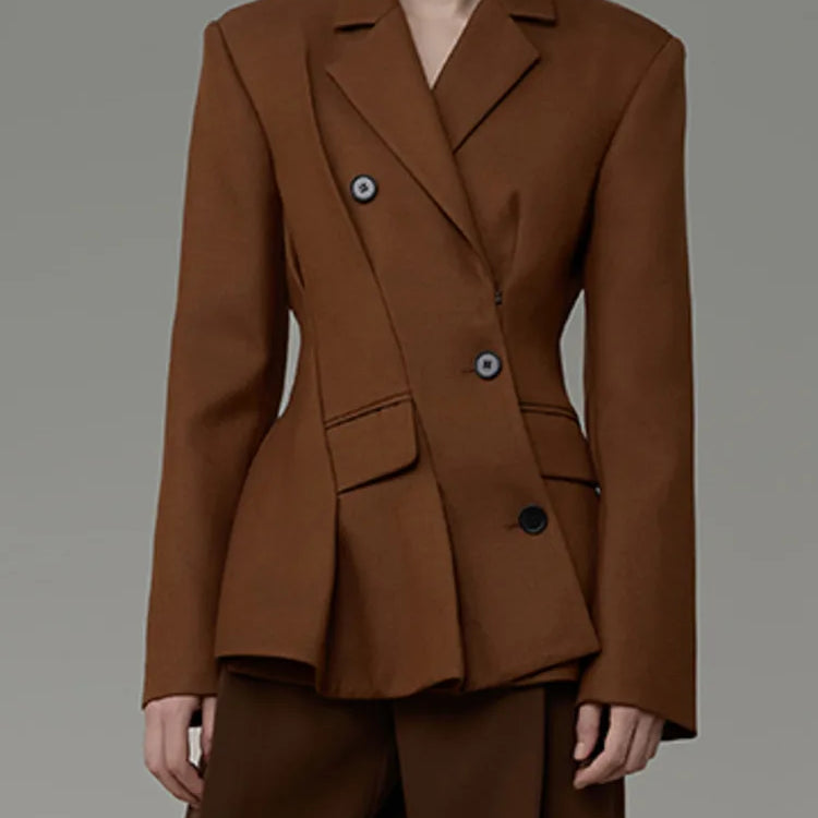 DEAT Fashion Women's Blazer Notched Collar Long Sleeve Diagonal Single Breasted Folds Waist Suit Jacket Spring New 7AB1120