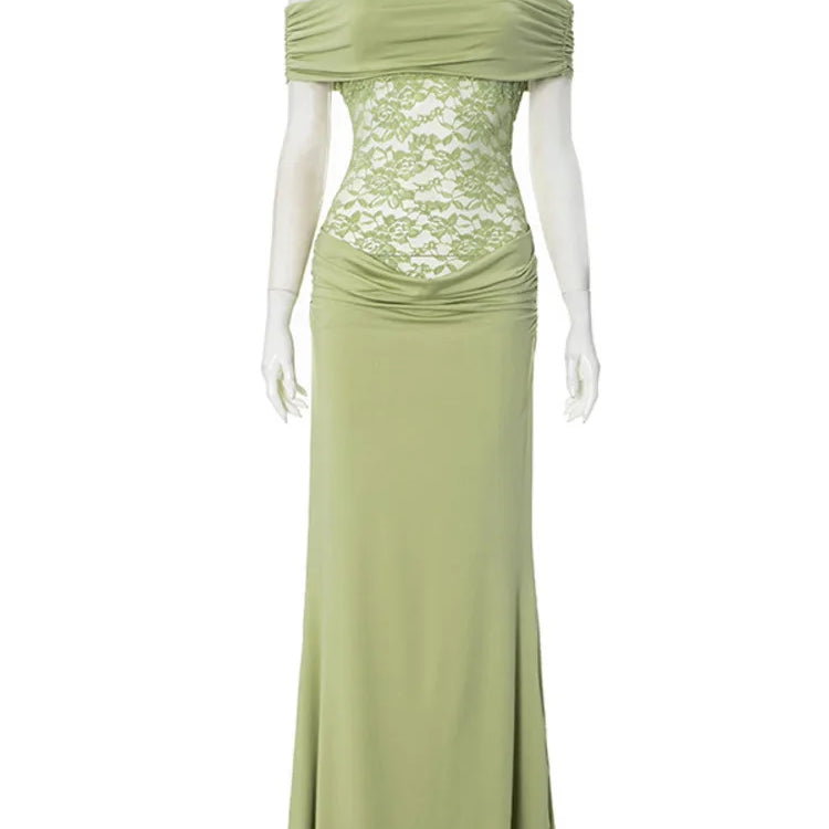 Off-shoulder Strapless Sexy Maxi Dress For Women Green Lace Sheer Sleeveless Backless Bodycon Club Party Long Dress