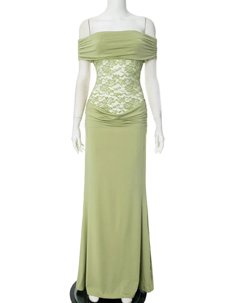 Off-shoulder Strapless Sexy Maxi Dress For Women Green Lace Sheer Sleeveless Backless Bodycon Club Party Long Dress