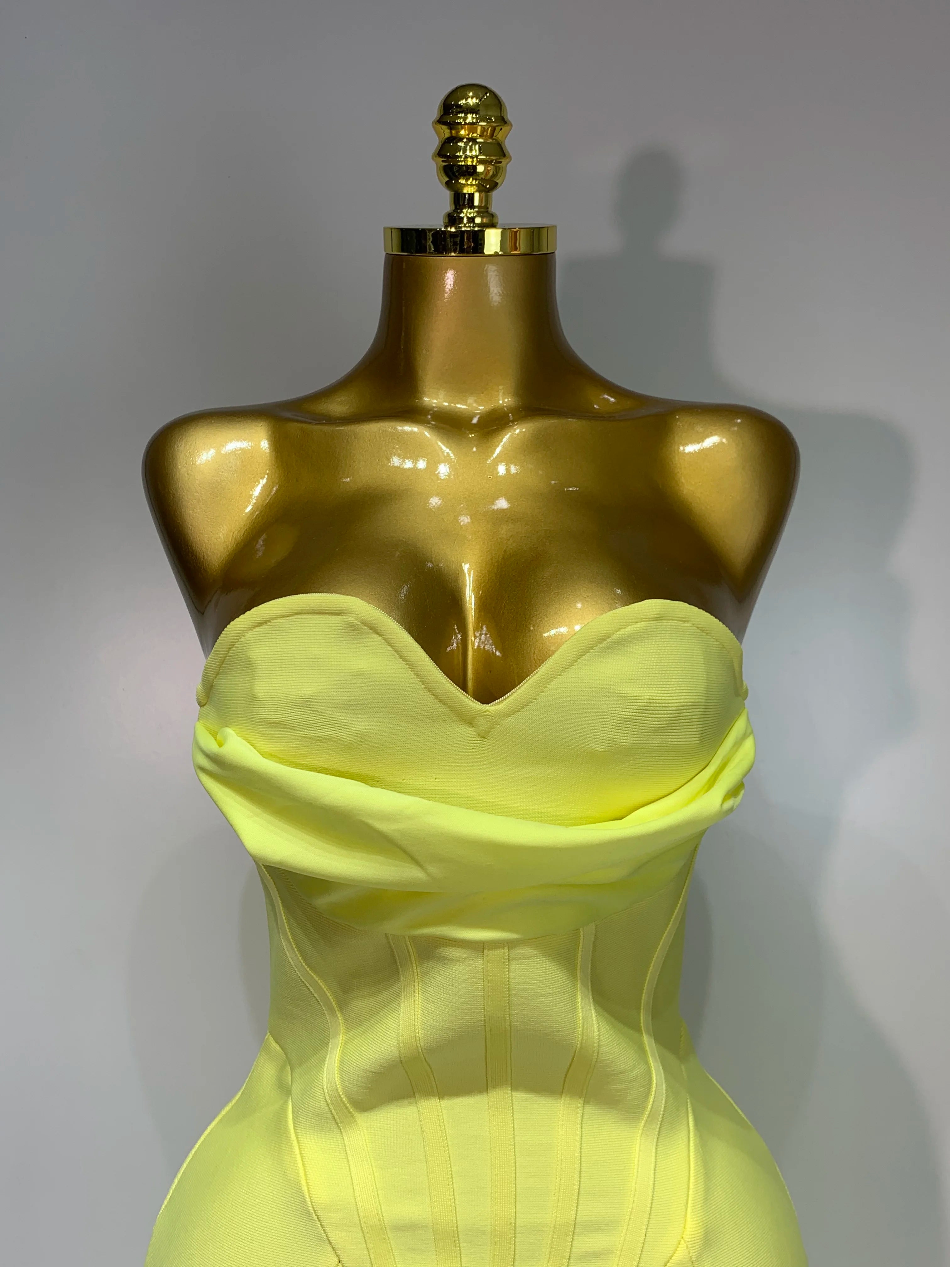 Newest 2025 Women Strapless Sexy Yellow Stretch Bodycon Bandage Dress Elegant Evening Party Luxury Birthday Celebrity Prom Gown