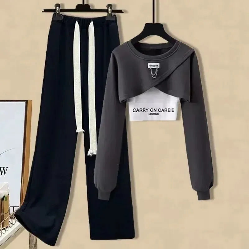 Women's Causal Clothing Korean Fashion Short Sweatshirt Vest Wide Leg Pants 3 Piece Set 2024 Spring Autumn Sports Outfits Female Gray Set