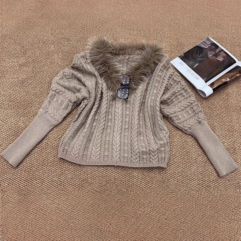 Autumn Winter New Fashion Design Knitted Sweater With Fur Collar Loose Twist Pullover For Women Trendy 11A07787 Khaki One Size