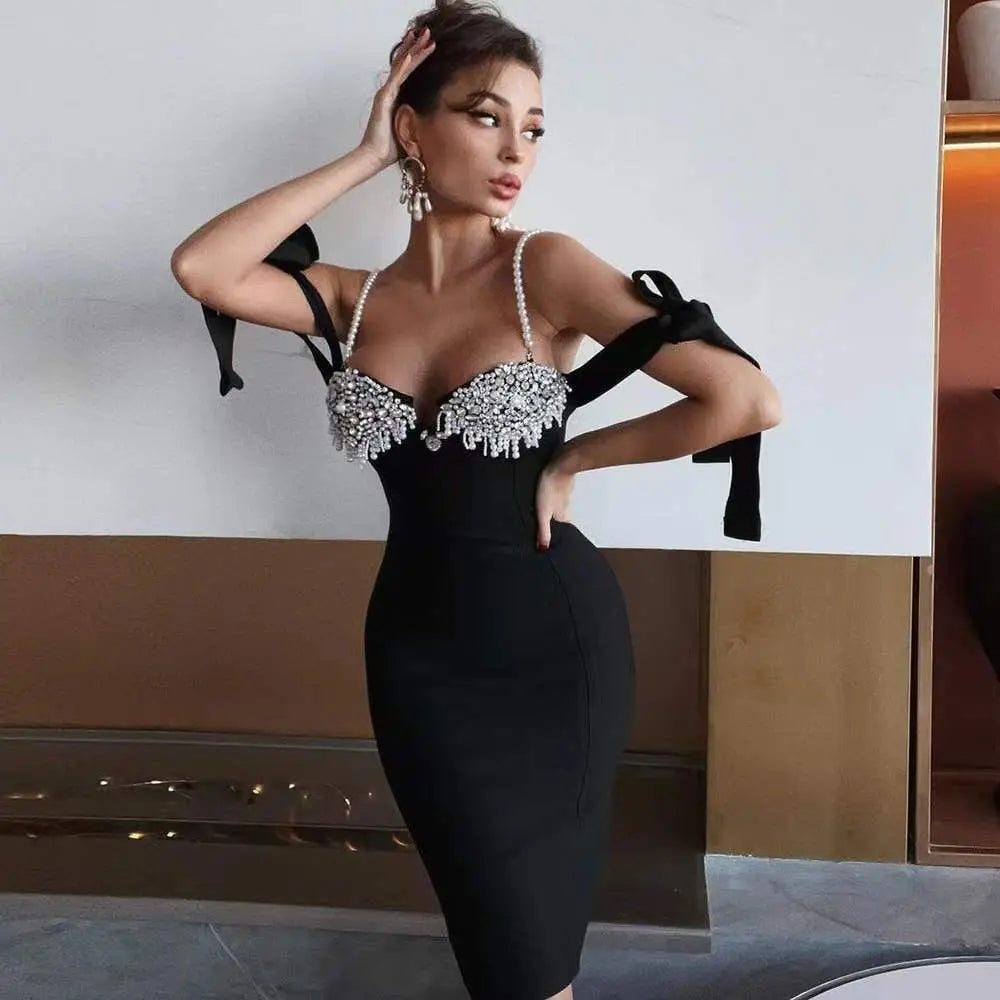 Black Off The Shoulder Pearl Slip Sparkly Beading Rayon Bandage Dress Elegant Evening Party Vestidos