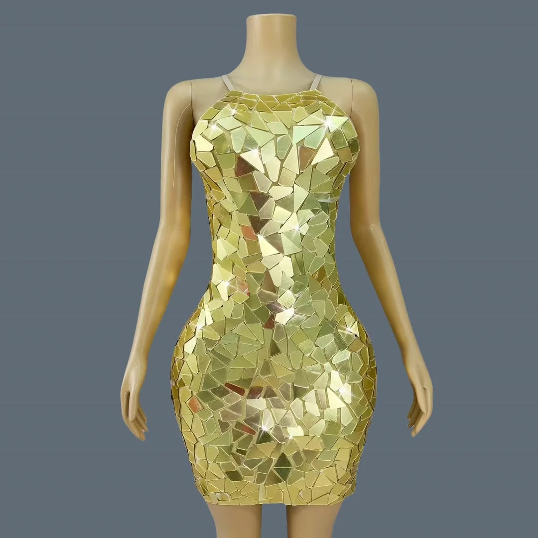 Sparkly Golden Sequins Strap Mini Dress for Women Birthday Celebrate Party Bodycon Dress Club Stage Show Dress Chajianjingpian Gold