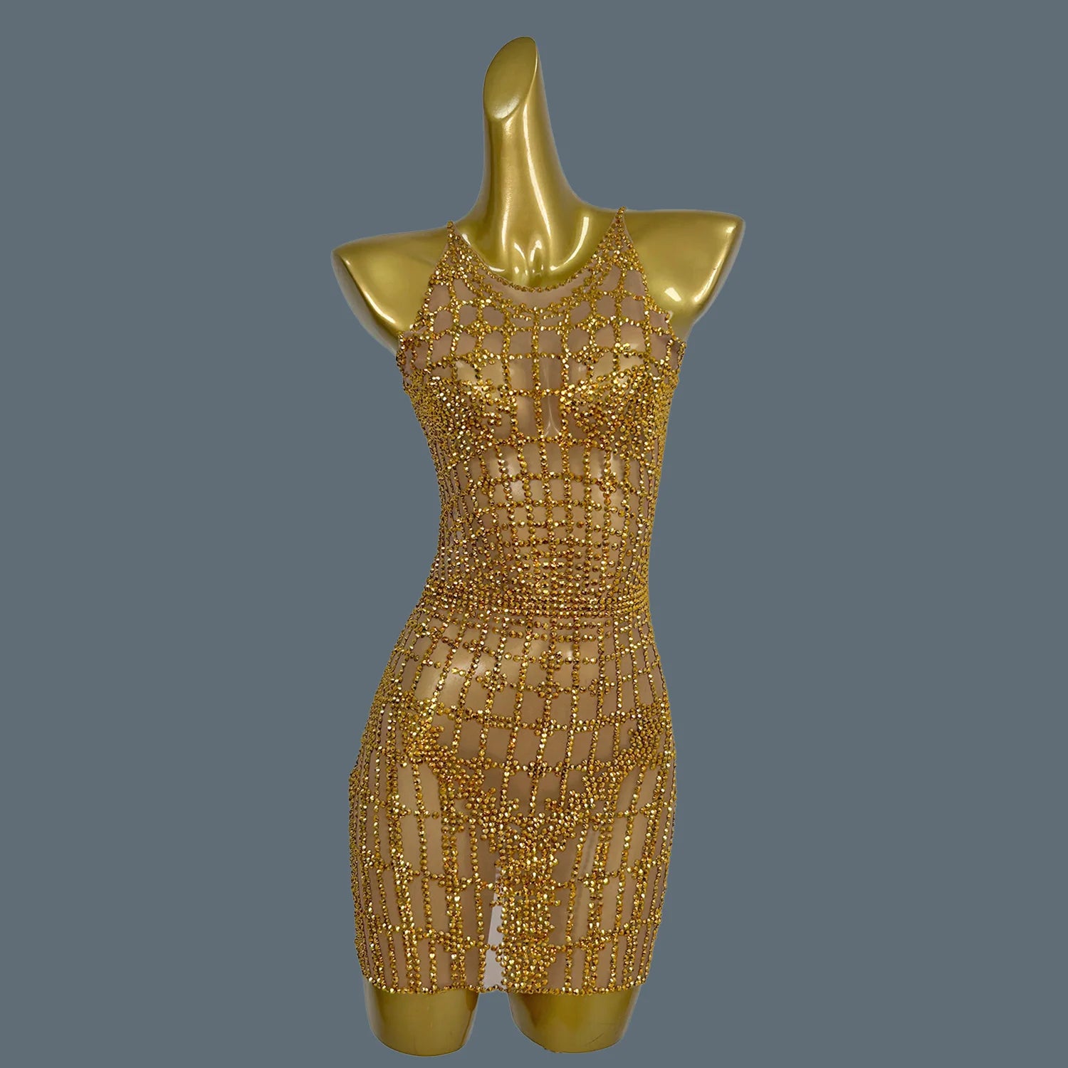 Sexy Gold Diamonds Party Dress Women Short Dress Birthday Party Nightclub Carnival Mini Gowns DJ Dance Stage Show Costume Qipan Gold One Size
