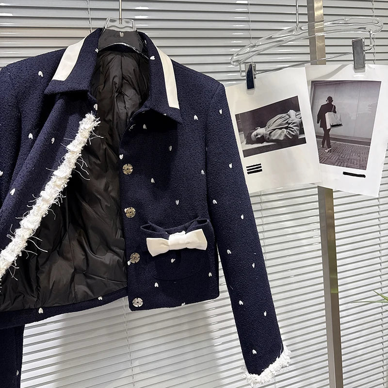 Winter New Fashion Heart Embroidery Woolen Quilted Jacket High Waist Straight Pants Women's Two-pieces Set 11A07556