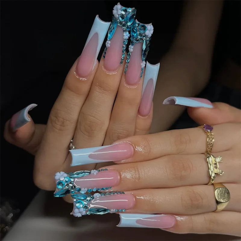 24Pcs Long French Square Head Press on False Nails 3D Blue Flower Rhinestone Design Full Cover Fake Nails Tips Wearable Manicure XA-114-57
