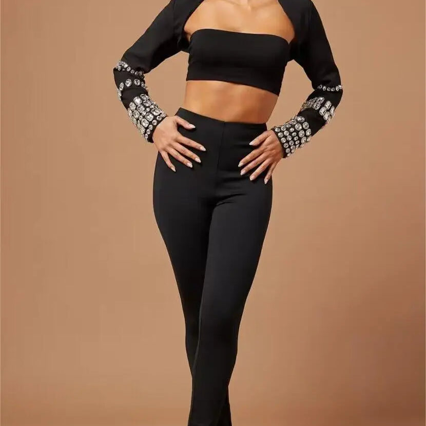 Stylish Sexy Woman Bandage Set Sparkling Diamonds Sleeve Wraps Short Strapless And Bodycon Pants 3 Pieces Evening Party Vestido black