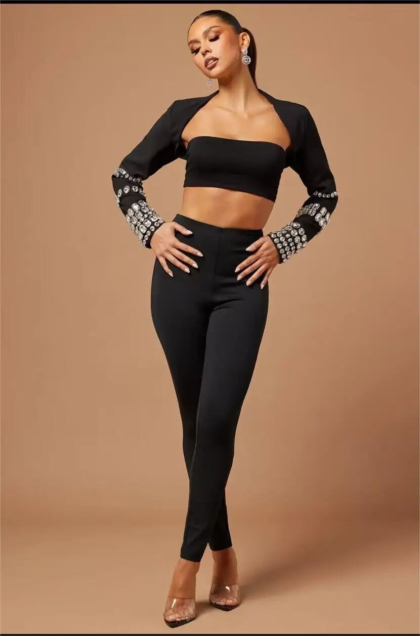 Stylish Sexy Woman Bandage Set Sparkling Diamonds Sleeve Wraps Short Strapless And Bodycon Pants 3 Pieces Evening Party Vestido black