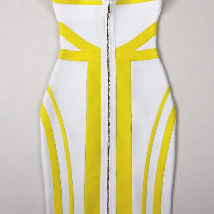 2024 Sexy Women'S Yellow Striped Patchwork White Bandage Dress Strapless Sleeveless Backless Bodycon Mini Dresses Party Vestidos