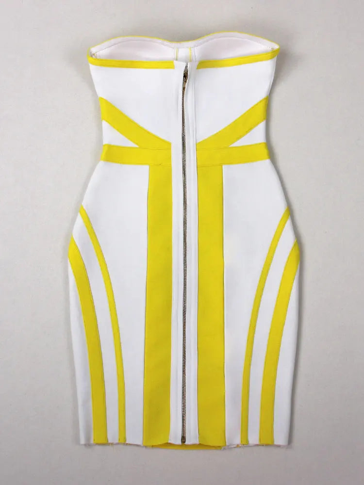 2024 Sexy Women'S Yellow Striped Patchwork White Bandage Dress Strapless Sleeveless Backless Bodycon Mini Dresses Party Vestidos