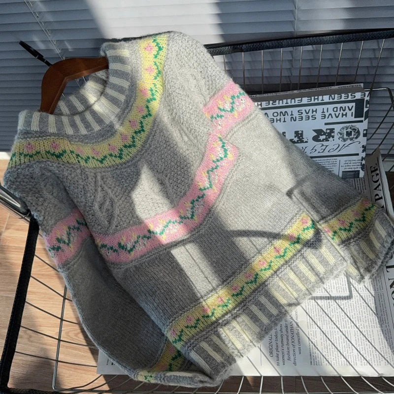 Autumn Winter New Round Neck Contrast Color Knit Sweater For Women Lazy Style Loose Contrast Color Pullover 11A07870