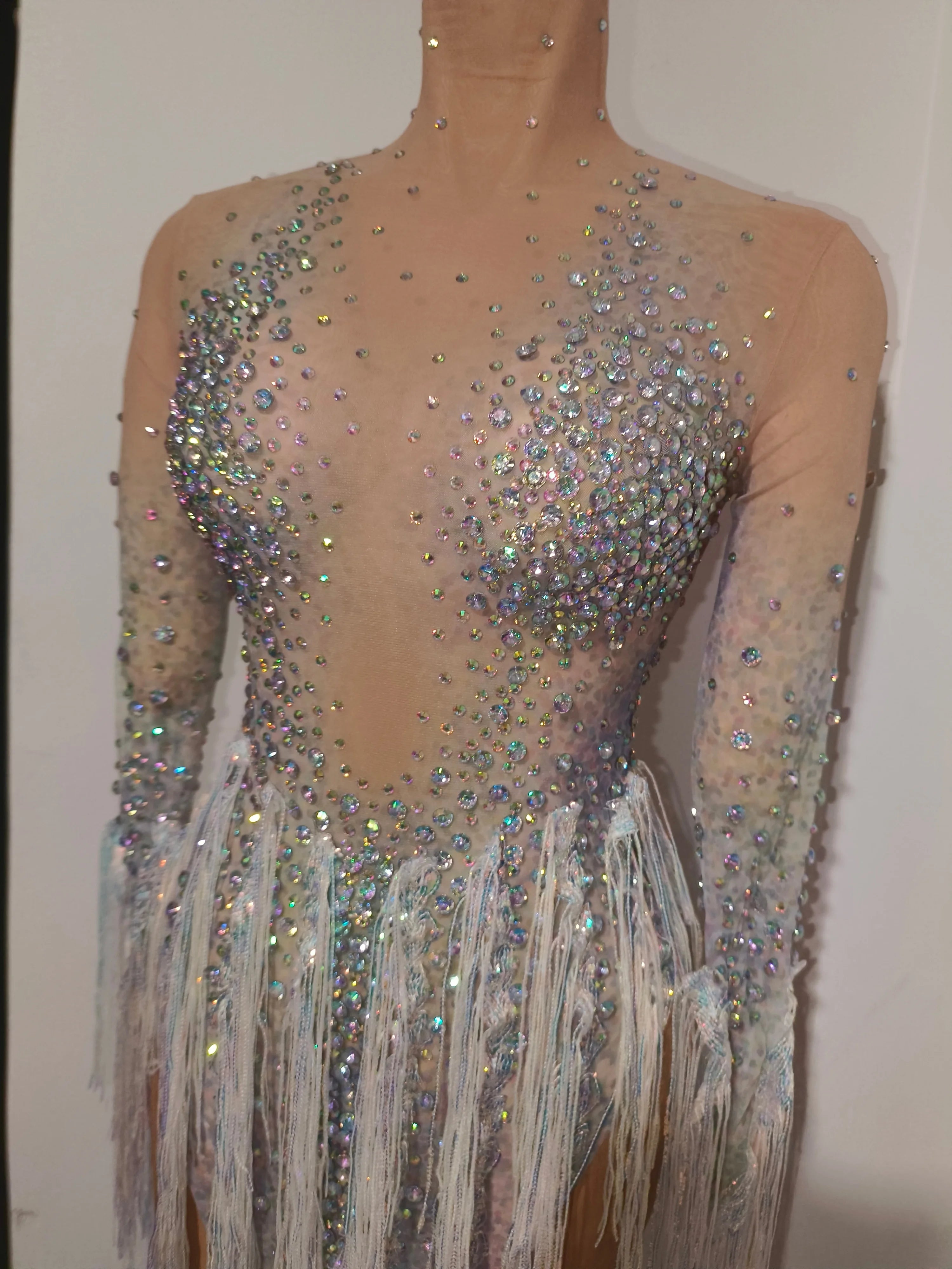 Luxurious Nude Long Sleeve Dress Women Sheer Mesh Iridescent Rhinestone Fringe Embellished Latin Dance Performance Costume