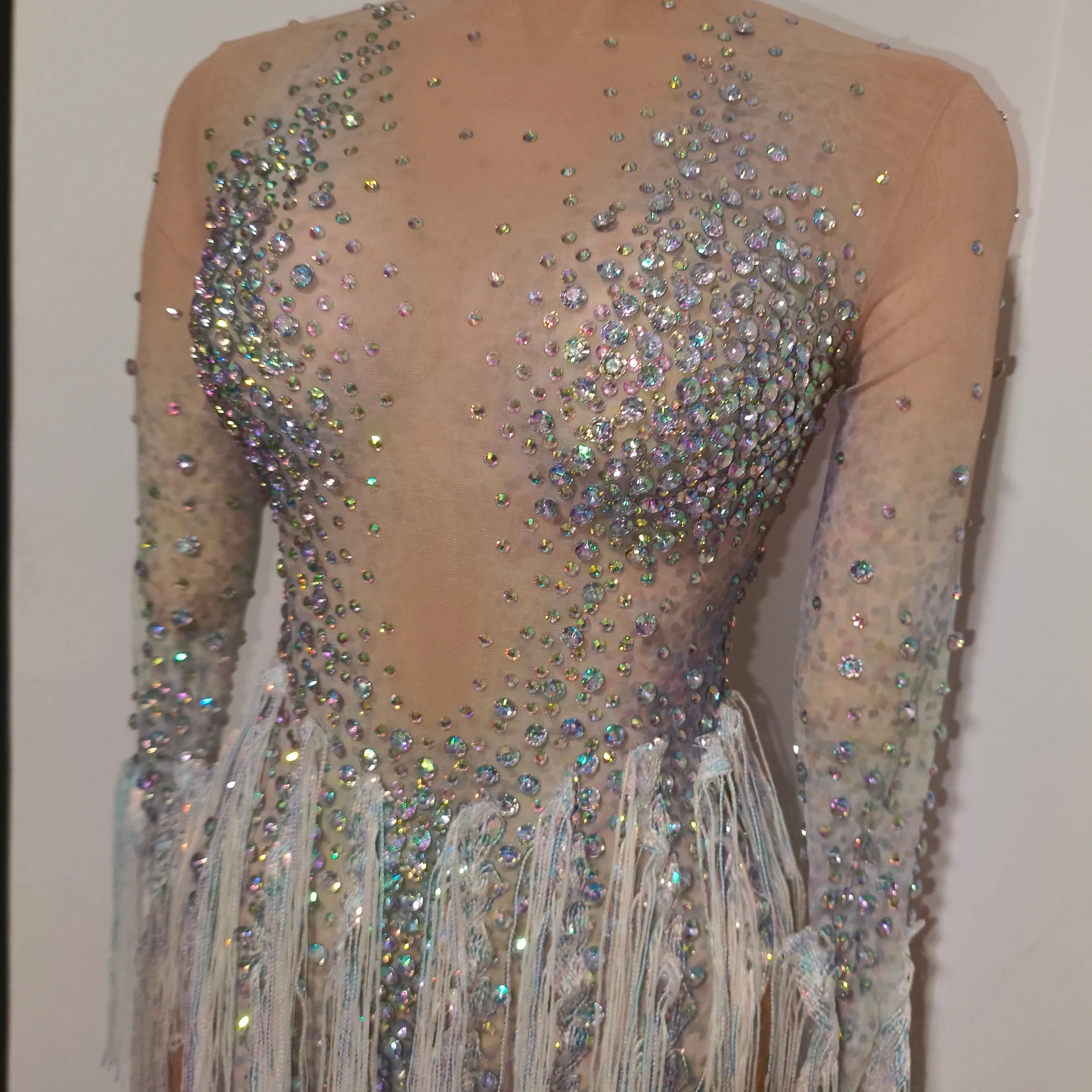 Luxurious Nude Long Sleeve Dress Women Sheer Mesh Iridescent Rhinestone Fringe Embellished Latin Dance Performance Costume