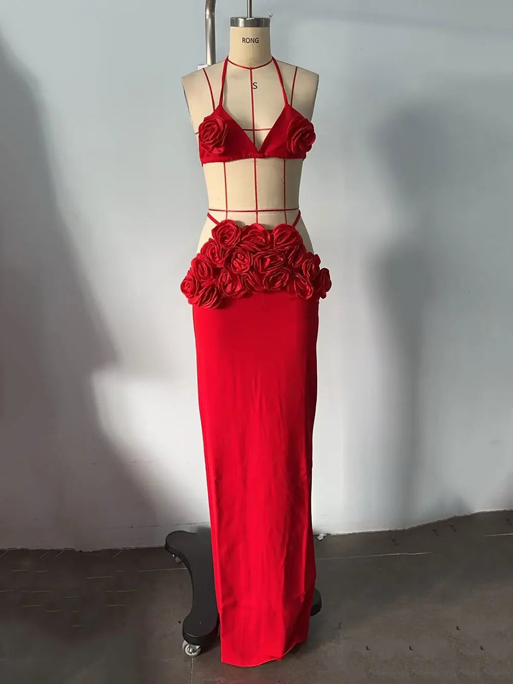 Sexy Women'S Three-Dimensional Flower Bandage Long Dress Set Spaghetti Strap Sleeveless Ultra Short Vest + Skirt Two-Piece Set not bandage