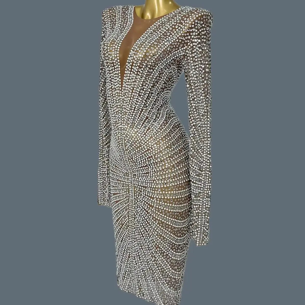 Elegant Birthday Party Short Dress for Women Celebrity Evening Sparkly Rhinestone Prom Gowns Luxury Long Sleeve Dress Tanhuang