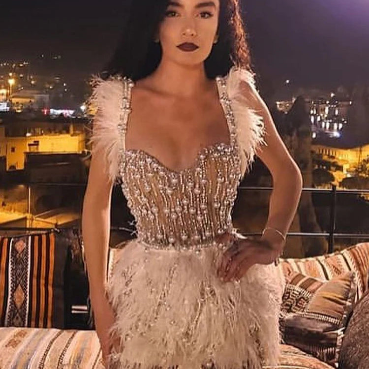 Birthday Party Dresses For Women Luxury Formal Occasions Straps Sleeveless Feather Design Mini Dress Vestidos