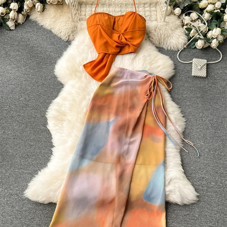 SINGREINY High Quality Holiday Suits Strapless Halter Strapless Top+Zipper Tie Dye Skirt Female Fashion Sexy Two Pieces Suit orange