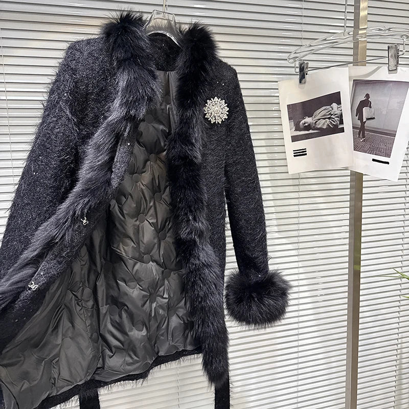 Winter New Fashion Diamond Fox Fur Collar Waist Belt Cotton Coat For Women Lace-up Waisted Jacket Female 11A07796