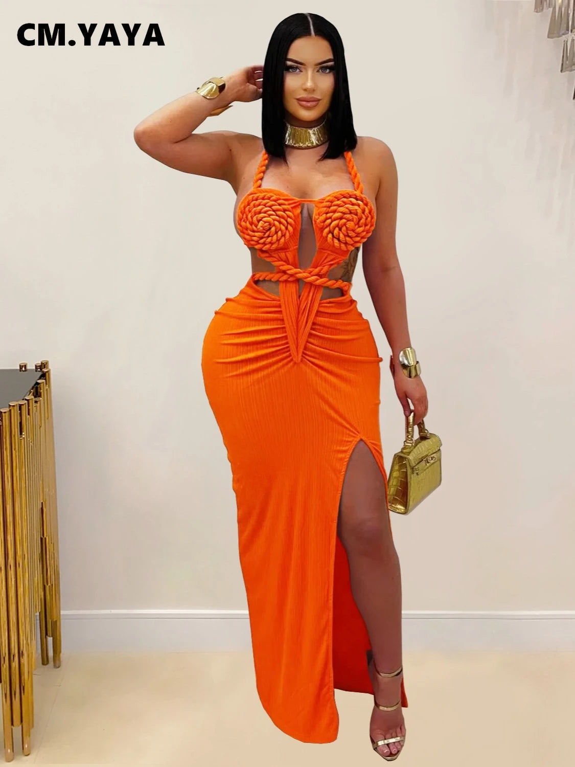 Women Hemp Rope Halter Neck Stacked Ruched High Split Knit Bodycon Midi Maxi Long Dress 2025 Birthday Sexy Party Dresses