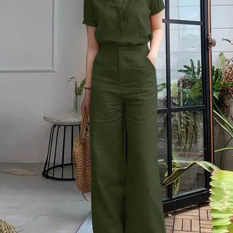 ZANZEA Summer Fashion Suit Lapel Short Sleeve Shirt Wide Leg Pants 2pcs Woman Vintage Office OL Matching Sets Casual Tracksuits Dark Green