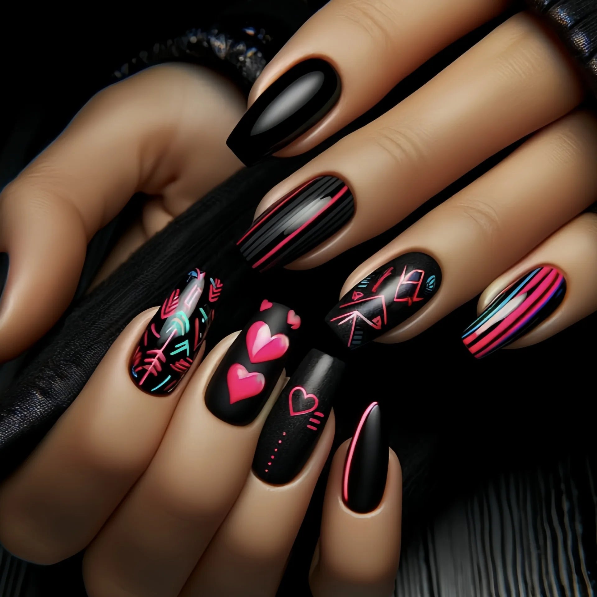 24pcs/set short Medium fake nails square ballet almond nail tips pink beautiful heart for Valentine's Day press on false nails 1698