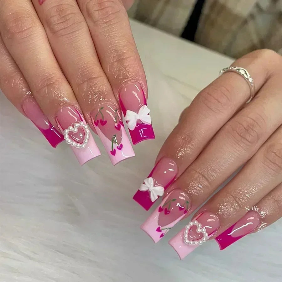 24Pcs French False Nails Pink Zebra Pattern Press on Nails Medium Square Coffin False Nails Y2k Artificial Full Cover Nail Tips 3