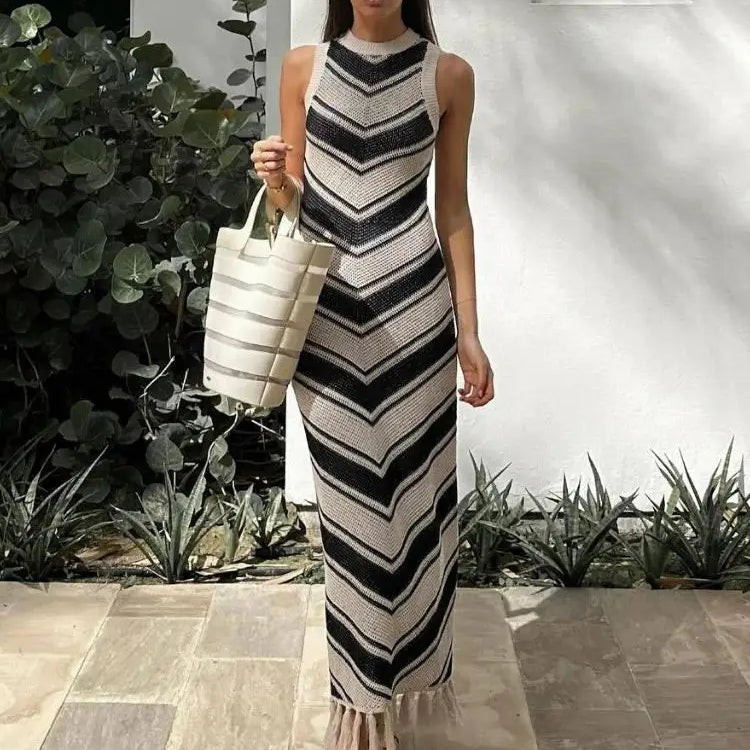 Summer Knitted Beach Dress Women Elegant Fashion Tassel Striped Long Dresses Summer Slim Bohemian Holiday Outfits Beachwear