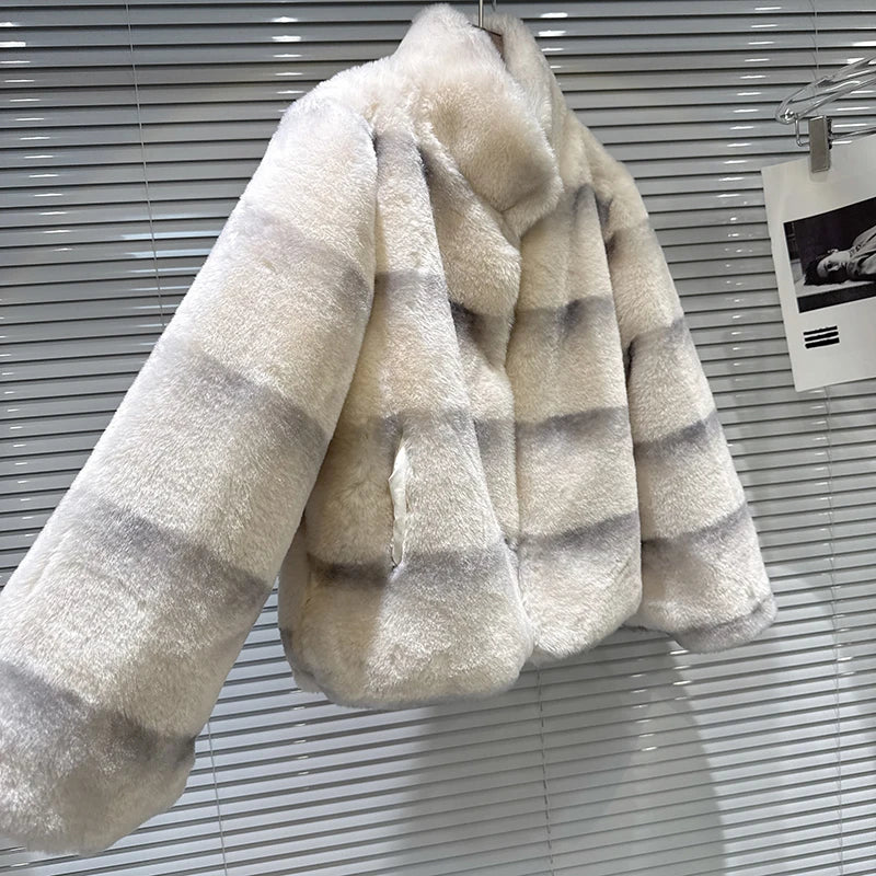 Winter New Elegant Fashion Gradient Striped Furry Warm Faux Fur Coat For Women Loose High Quality Jacket 11A07762