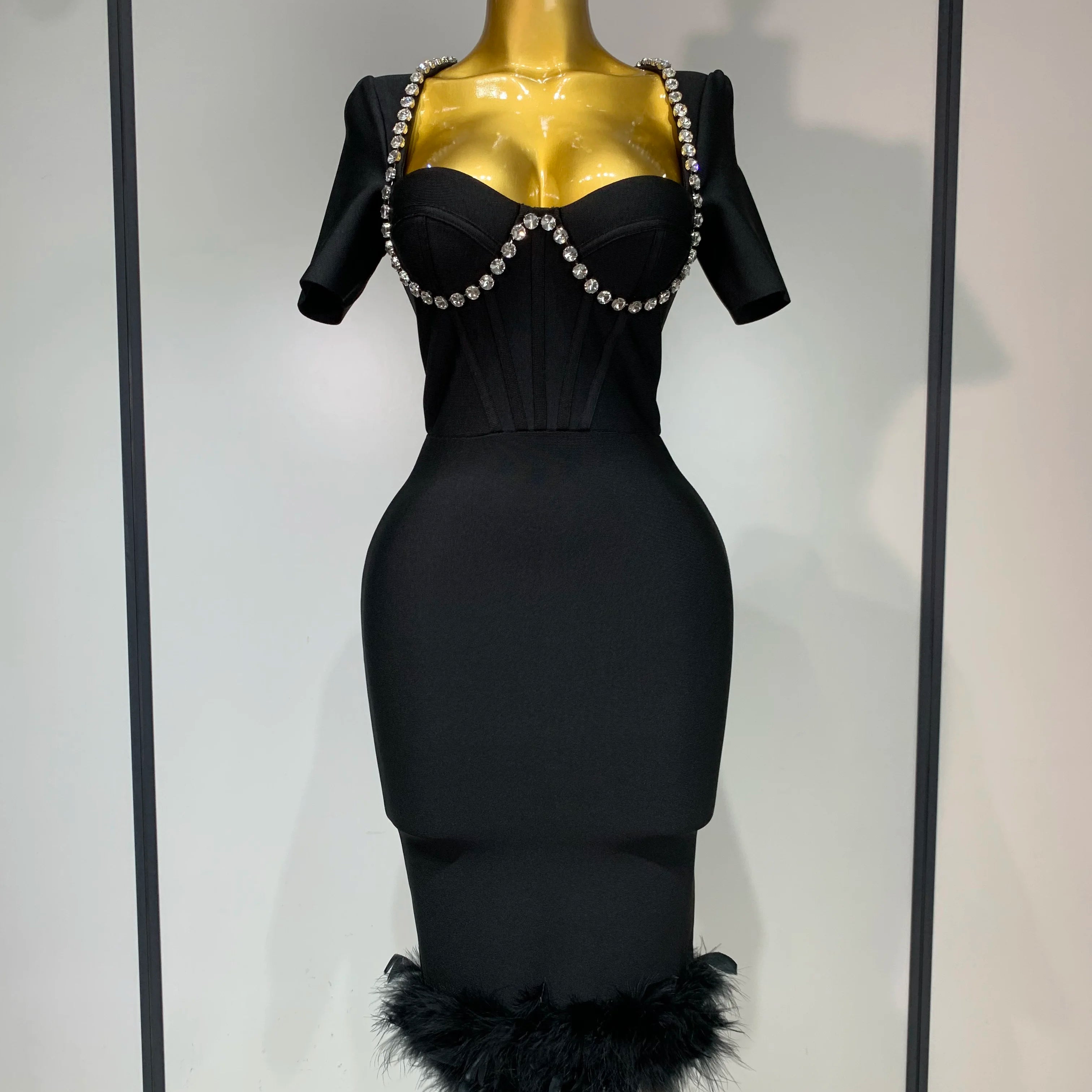 Women Sexy Luxury Rhinestone Short Sleeve Bodycon Dress 2025 Party Evening Celebrate Birthday Black Bandage Club Prom Gown black