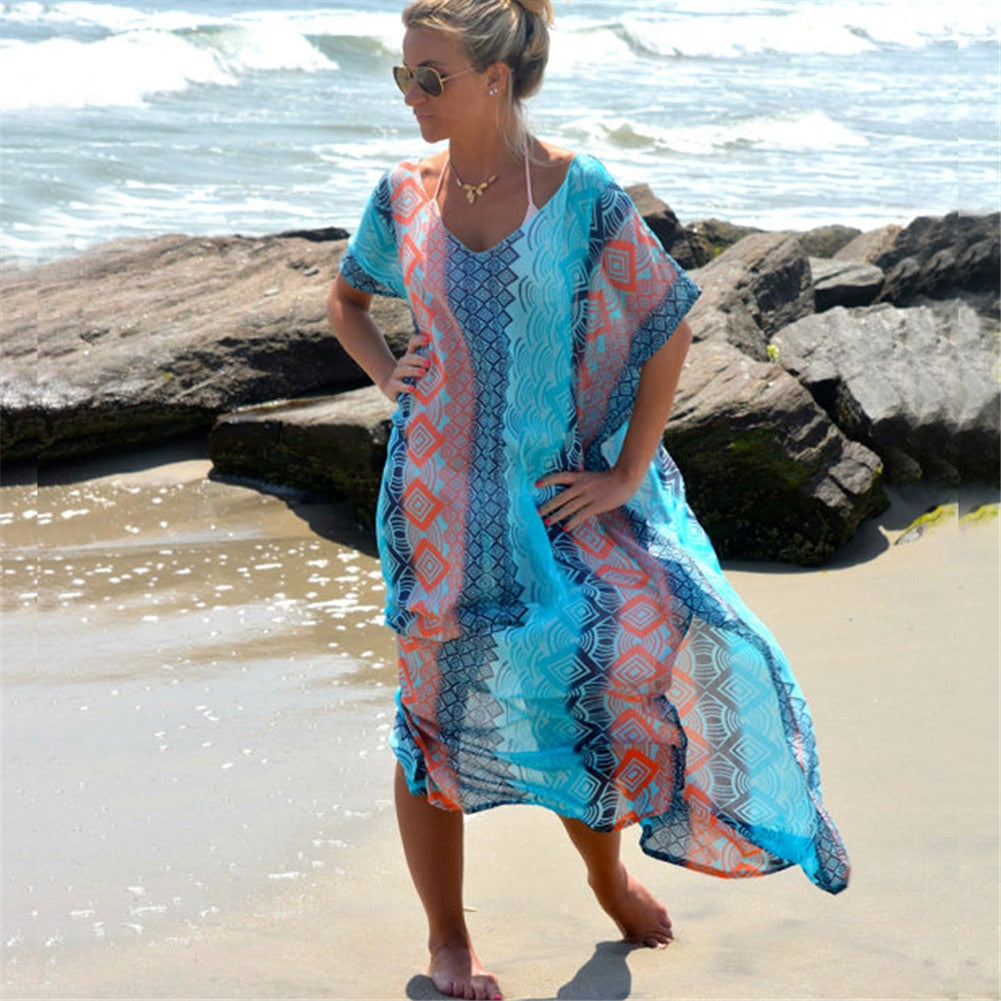 Summer Printing Beach Dress Bathing Suit Cover Ups Sundress Sarong Bikini Long Robe Pareo Tunic Capes Kaftan Coverup Default Title