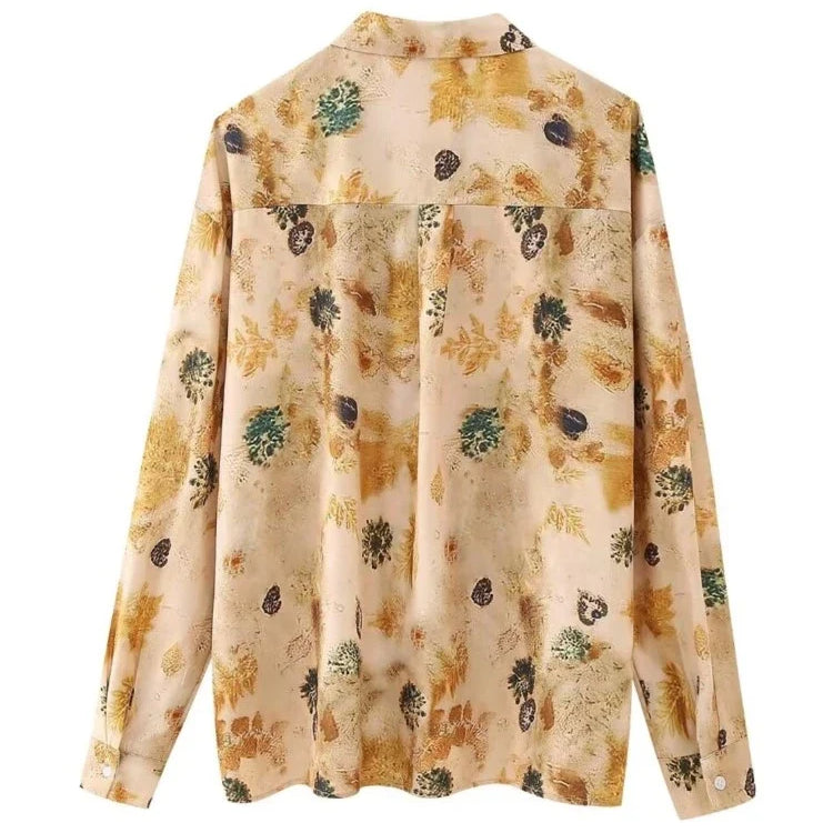 Aonibeier Thin Satin Printed Women Loose Shirt Suits Traf Summer Long Sleeve Casual Blouse Female Wide Pants Sets Y2K