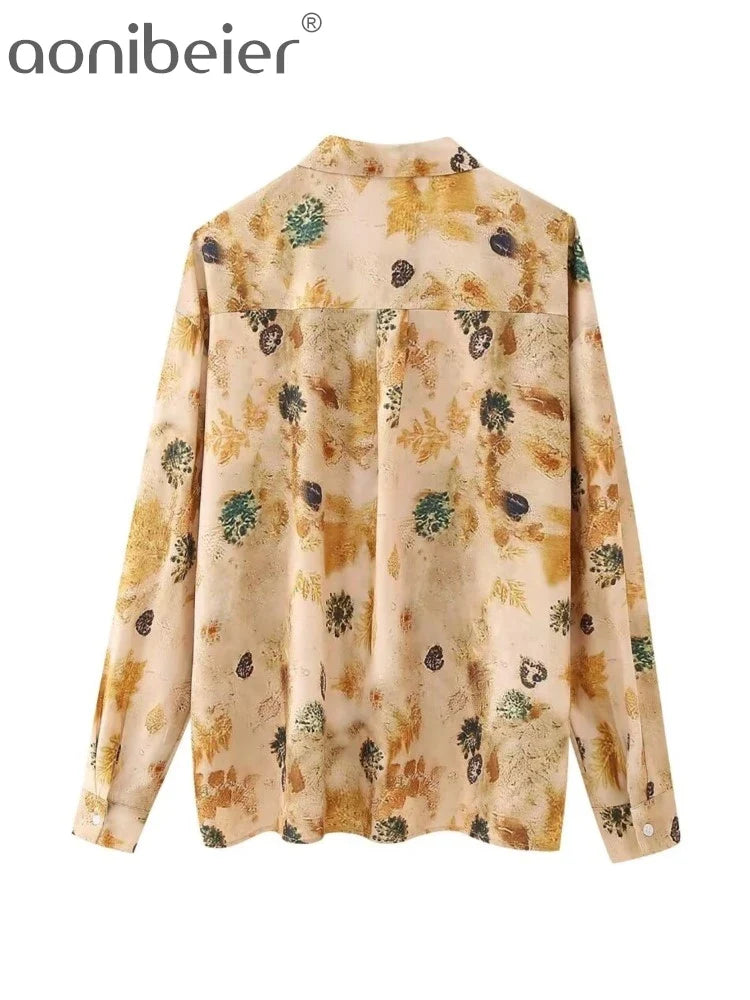 Aonibeier Thin Satin Printed Women Loose Shirt Suits Traf Summer Long Sleeve Casual Blouse Female Wide Pants Sets Y2K