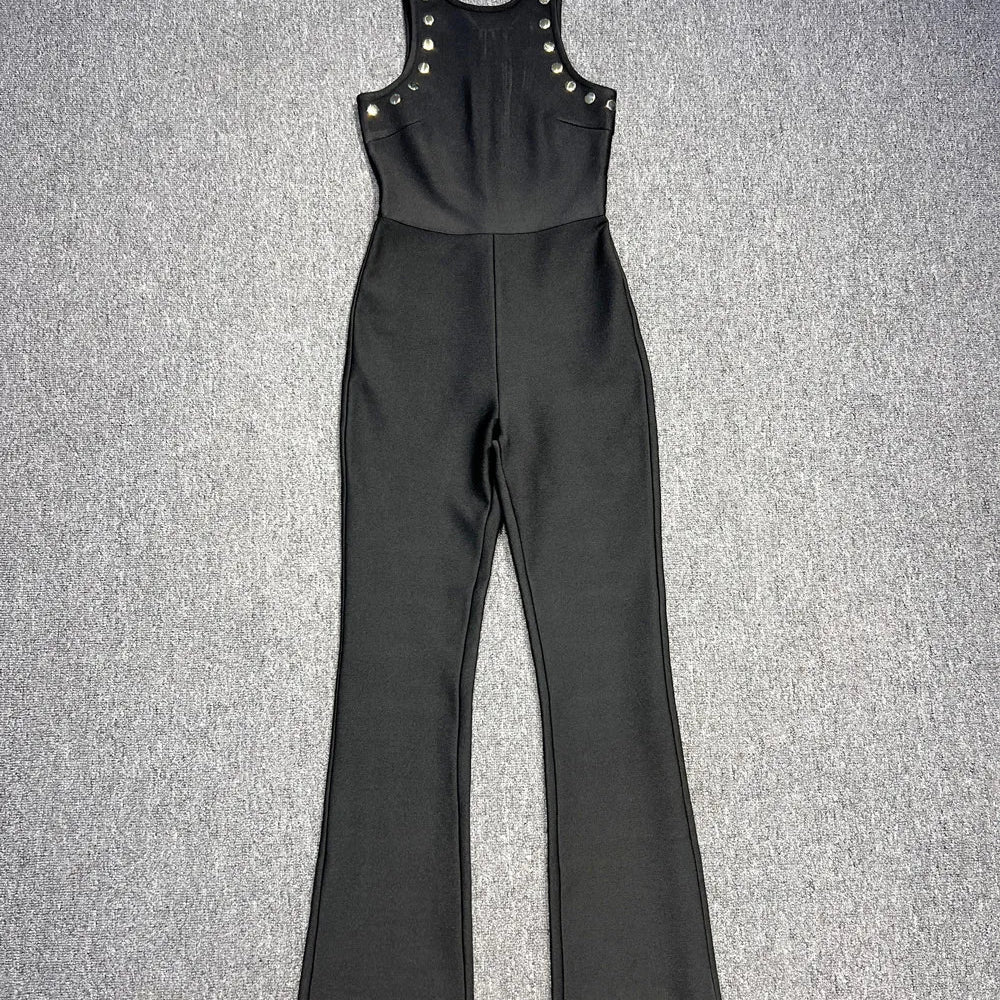Black Color Women Sleeveless Sexy Rivet Bodycon Bandage Jumpsuit Fashion Celebrate Nightclub Party Homecoming Wear
