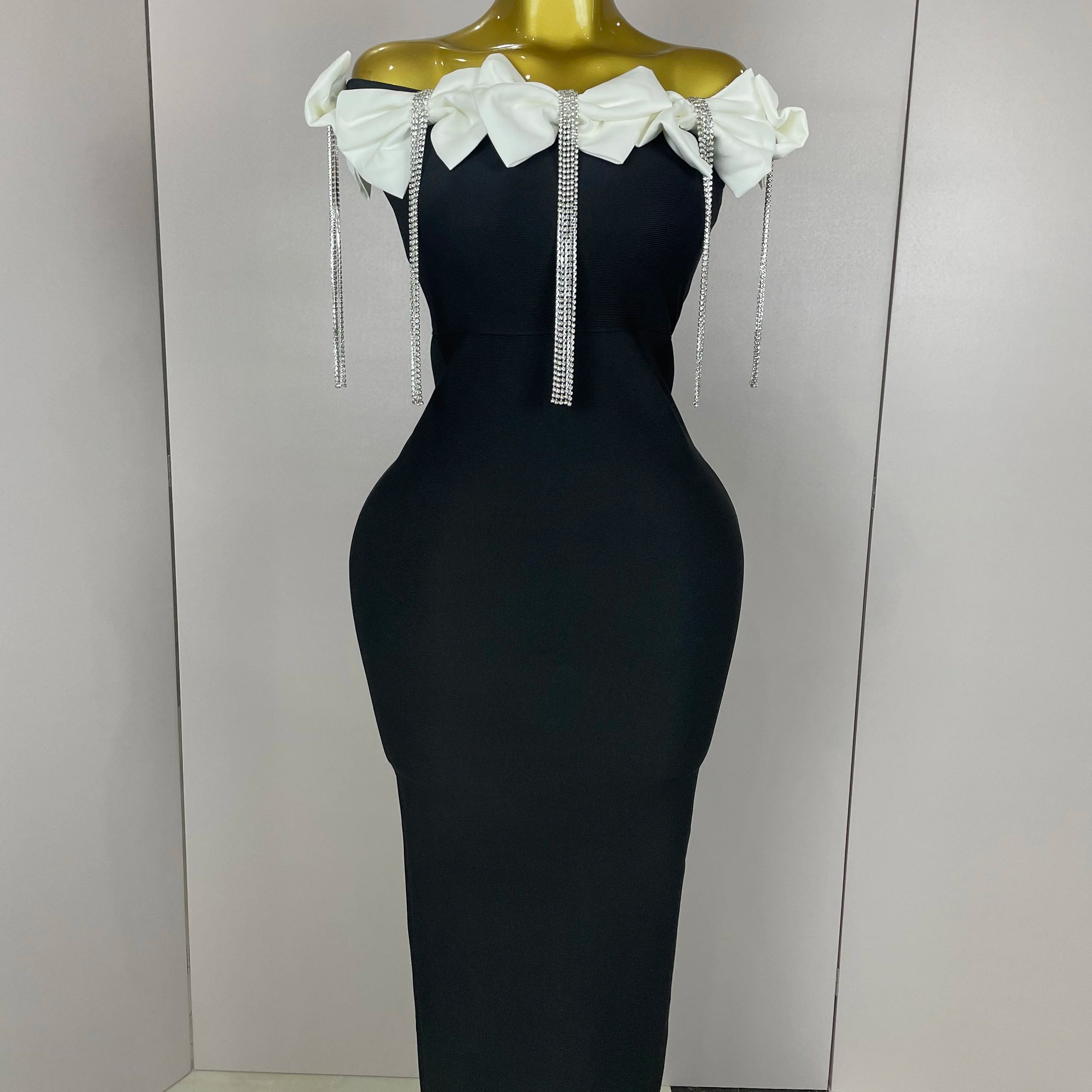 2025 Women Celebrity Sexy Off Shoulder Flower Diamonds Black Bow Tie Maxi Long XL Bandage Dress Elegant Evening Club Party Dress WHITE