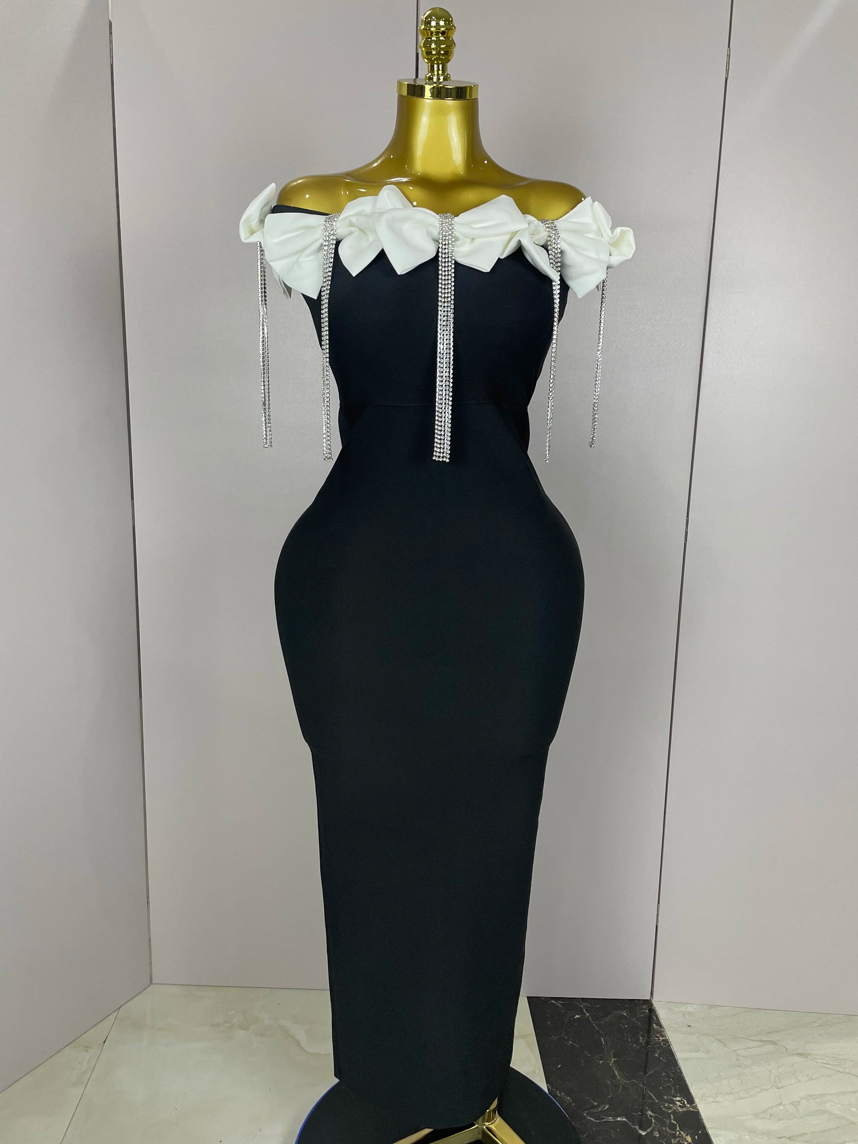 2025 Women Celebrity Sexy Off Shoulder Flower Diamonds Black Bow Tie Maxi Long XL Bandage Dress Elegant Evening Club Party Dress WHITE