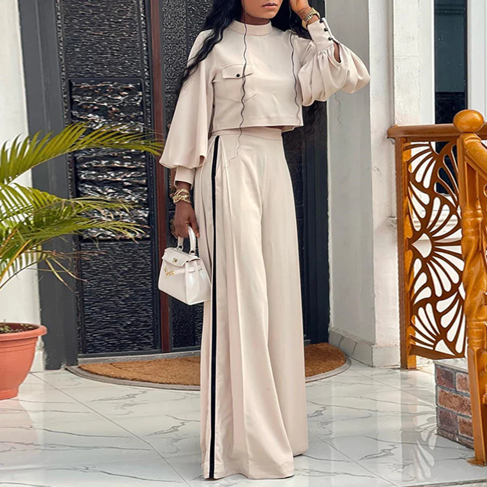 Autumn New Women Large Size Loose And Elegant Half High Collar Fashionable Long Sleeved Tops Wide Leg Pants Casual Two Piece Set