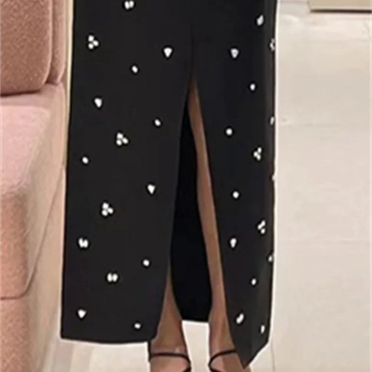 Women Classic Black Split Knitted Skirt Diamond Embellishment Slim Fit Mid Length Skirts Early Autumn